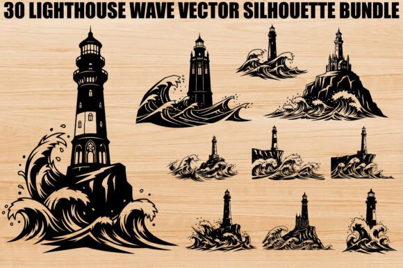 Lighthouse Wave Silhouette Bundle: Coastal Vector Art